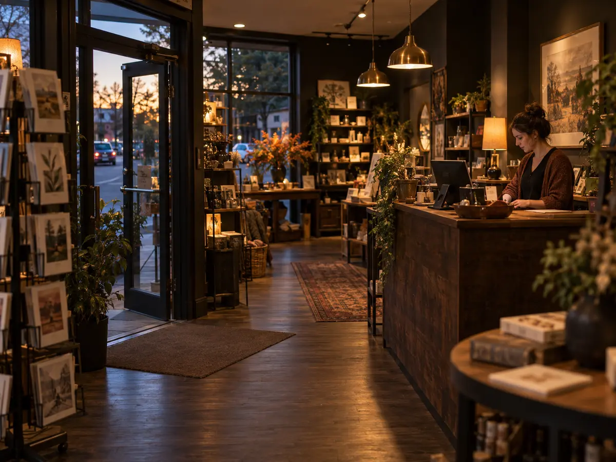 A small business entrance and service counter