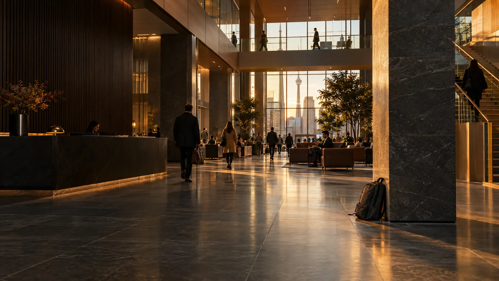 A busy public lobby with an unattended backpack partly hidden beside a column