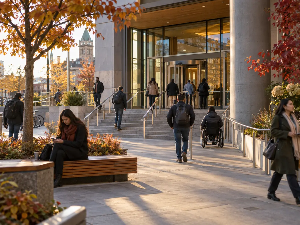 People entering a public building using stairs and an accessible route