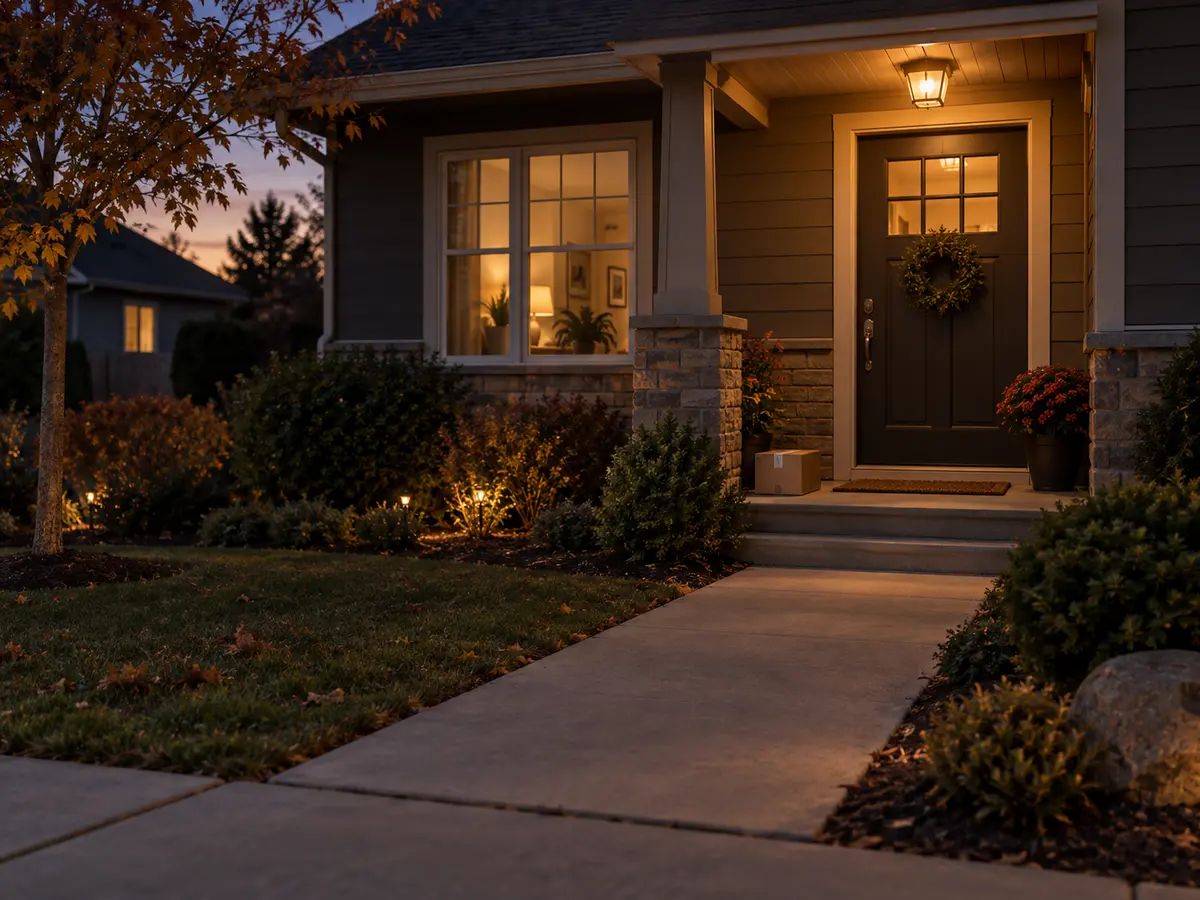 A residential entrance and package at dusk